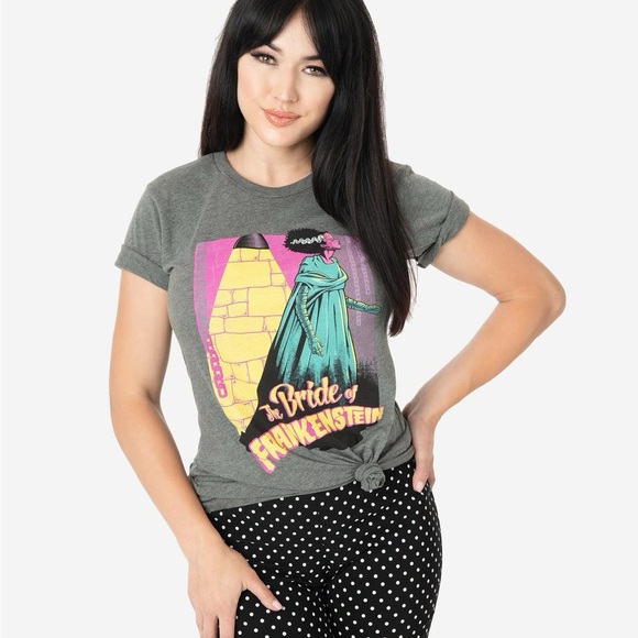 Unique Vintage Tops - Bride of Frankenstein Gray Graphic T-Shirt Unique Vintage x Universal Monsters